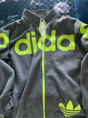 Y2K adidas Gray Jacket with Neon Green Logo & Trim